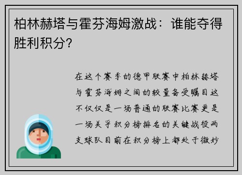 柏林赫塔与霍芬海姆激战:谁能夺得胜利积分?